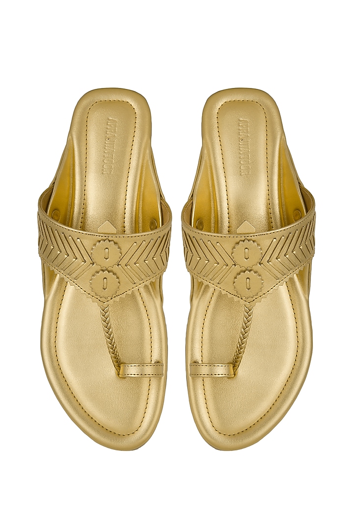 Gold Metallic Handcrafted Flats by Aprajita Toor at Pernia's Pop Up Shop