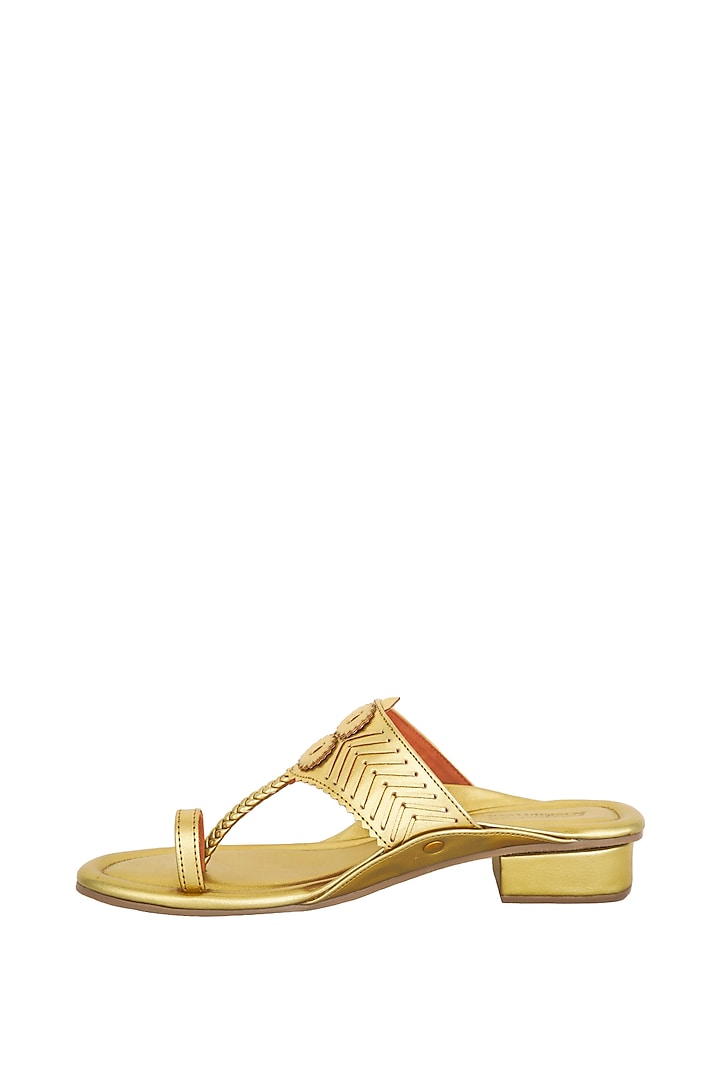 Featuring a pair of gold metallic handcrafted slab heels in leatherette ...