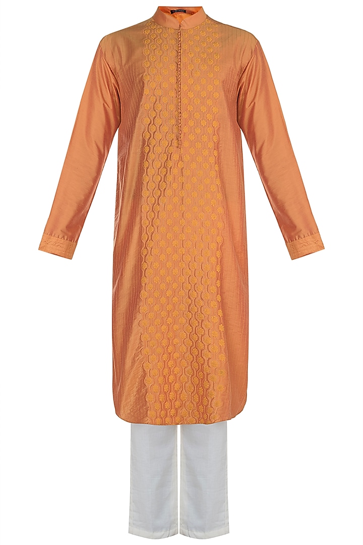 Orange Honeycomb Embroidered Kurta Set by Anju Agarwal at Pernia's Pop Up Shop