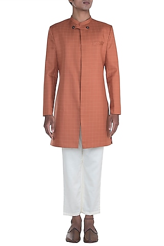 Orange Grid Sherwani Set by Anju Agarwal