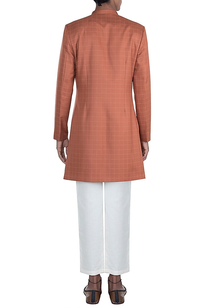 Orange Grid Wedding Sherwani Set by Anju Agarwal at Pernia's Pop Up Shop