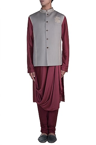 Maroon Kurta Set With Light Grey Embroidered Nehru Jacket by Anju Agarwal