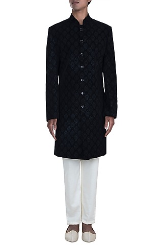 Black Self Embroidered Velvet Sherwani Set by Anju Agarwal