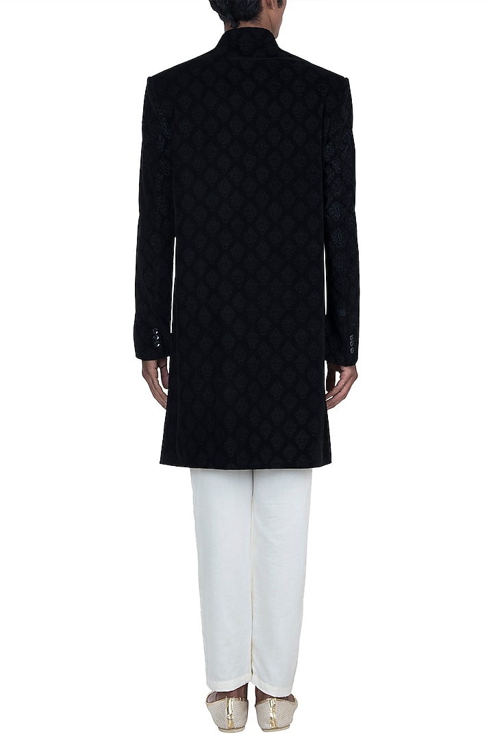Black Self Embroidered Velvet Wedding Sherwani Set by Anju Agarwal at Pernia's Pop Up Shop