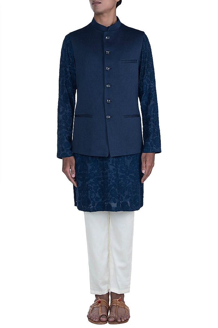 Black Embroidered Kurta Set With Textured Jacket by Anju Agarwal at Pernia's Pop Up Shop