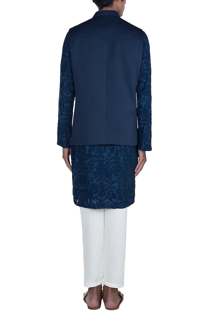 Black Embroidered Kurta Set With Textured Jacket by Anju Agarwal at Pernia's Pop Up Shop