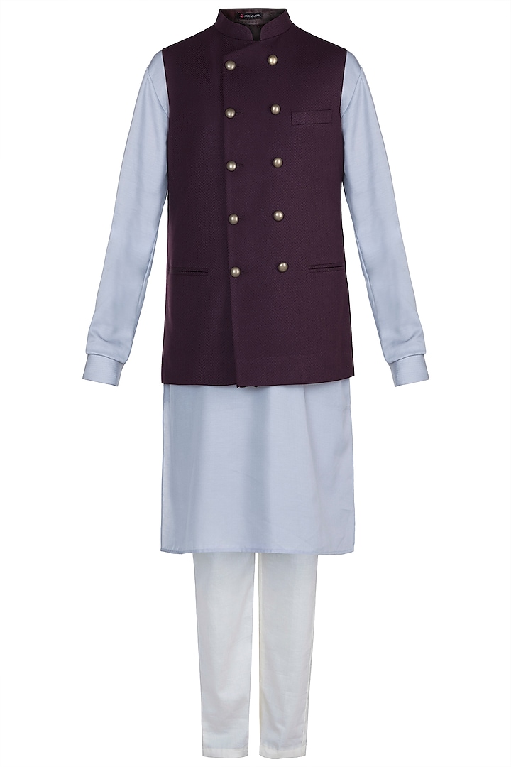 Grey Kurta Set With Maroon Jacket by Anju Agarwal