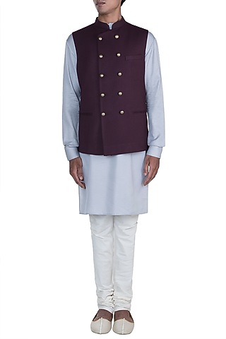 Grey Kurta Set With Maroon Jacket by Anju Agarwal