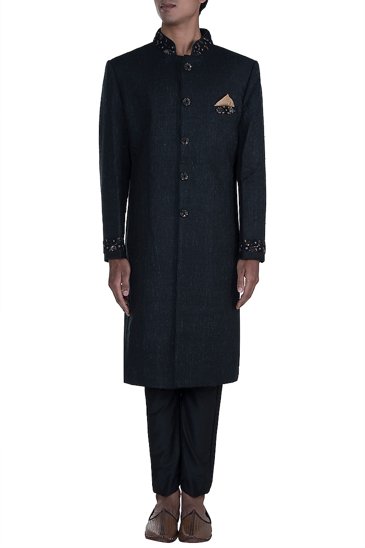 Black Embroidered Wedding Sherwani Set by Anju Agarwal at Pernia's Pop Up Shop