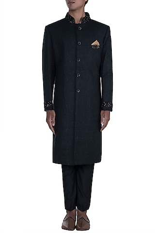 Black Embroidered Sherwani Set by Anju Agarwal