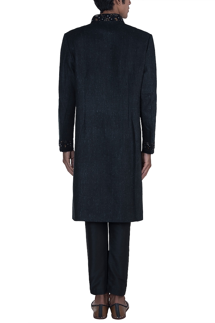 Black Embroidered Wedding Sherwani Set by Anju Agarwal at Pernia's Pop Up Shop