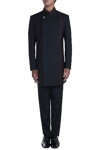 Black Asymmetric Sherwani Set by Anju Agarwal