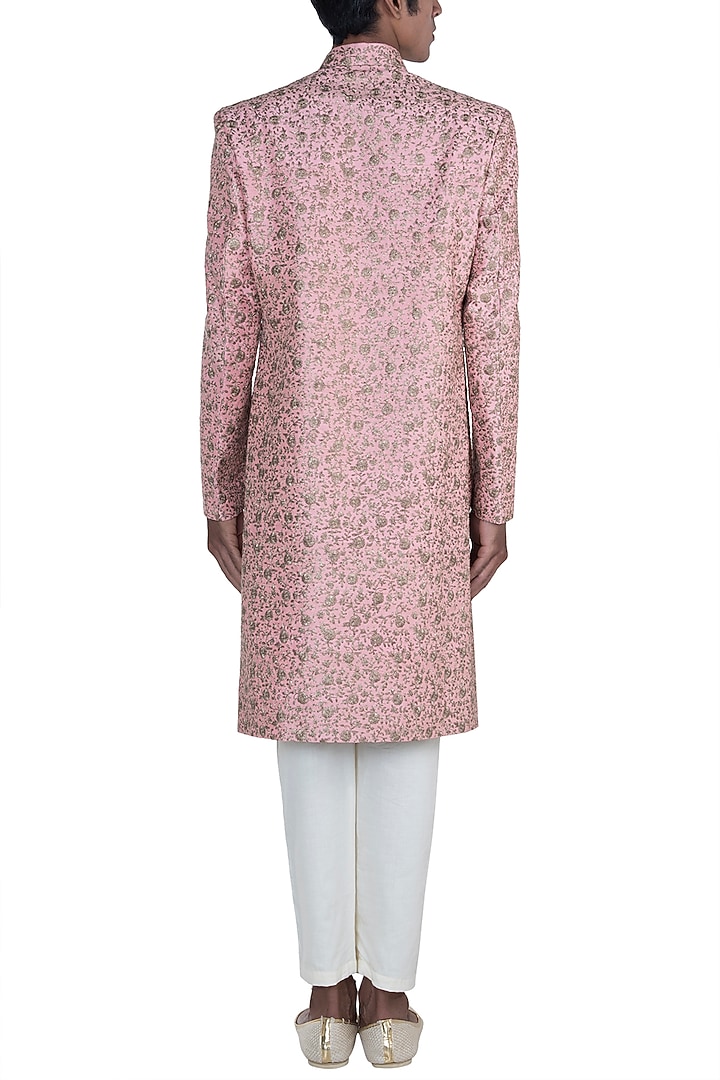 Peach Embroidered Wedding Sherwani Set by Anju Agarwal at Pernia's Pop Up Shop