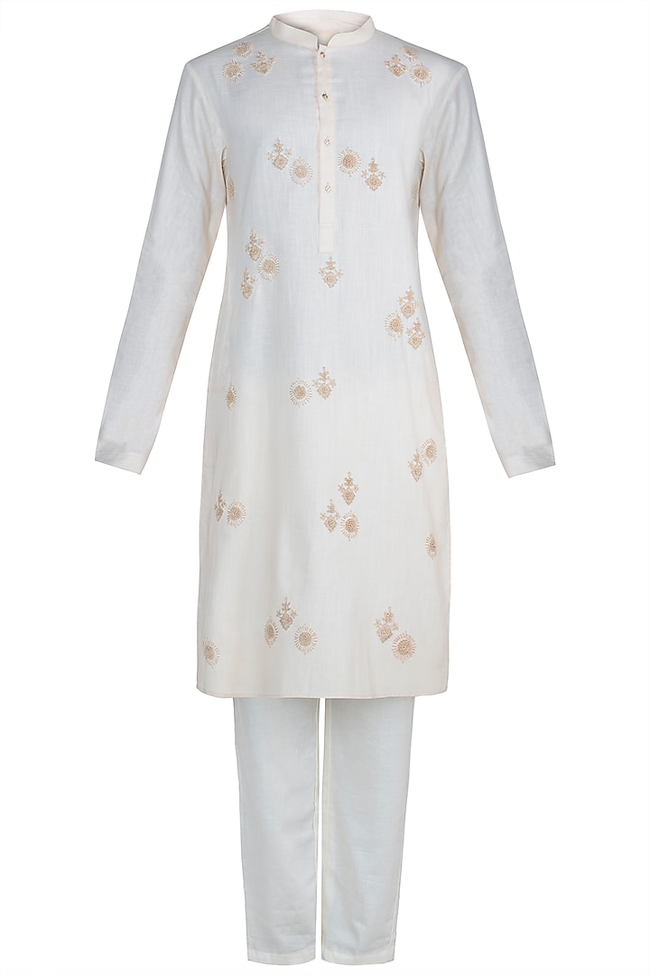 Off White Embroidered Kurta Set by Anju Agarwal at Pernia's Pop Up Shop