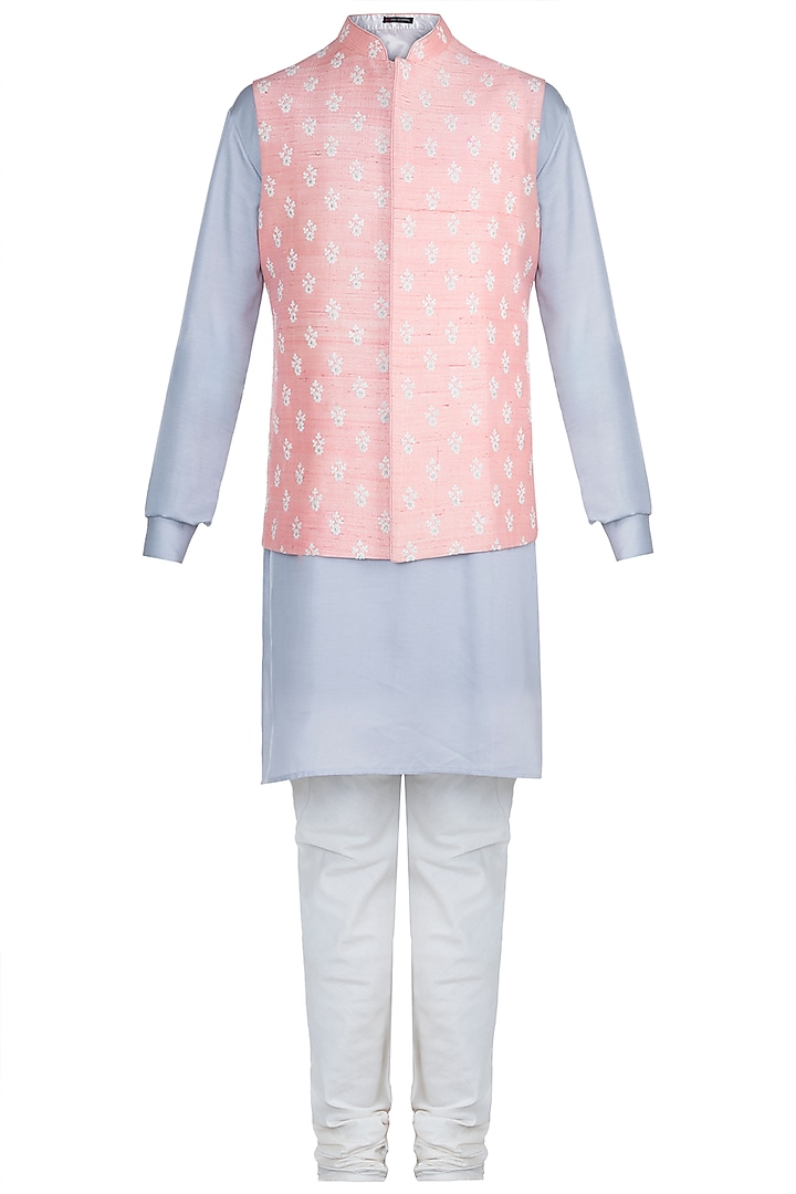 Grey Kurta Set With Peach Embroidered Jacket by Anju Agarwal