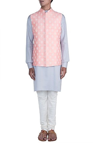 Grey Kurta Set With Peach Embroidered Jacket by Anju Agarwal