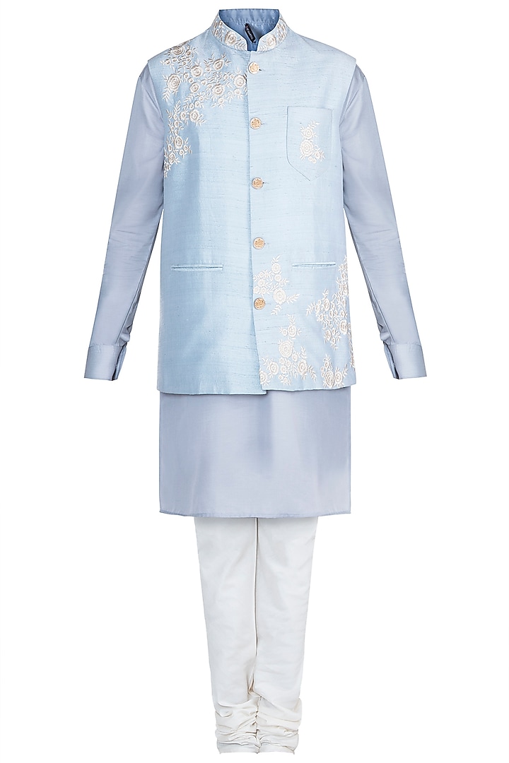 Grey Kurta Set With Baby Blue Embroidered Jacket by Anju Agarwal