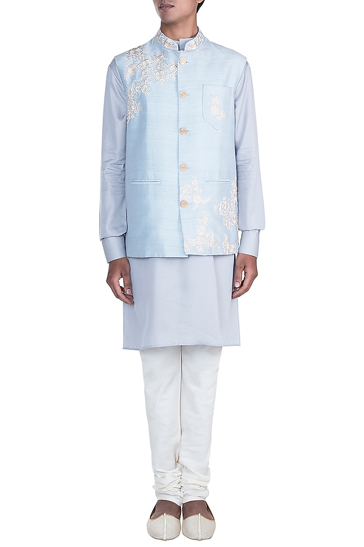 Grey Kurta Set With Baby Blue Embroidered Jacket by Anju Agarwal at Pernia's Pop Up Shop