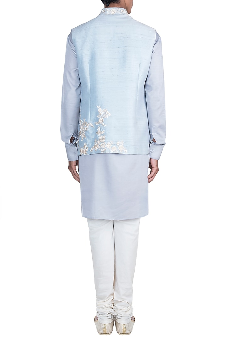 Grey Kurta Set With Baby Blue Embroidered Jacket by Anju Agarwal at Pernia's Pop Up Shop