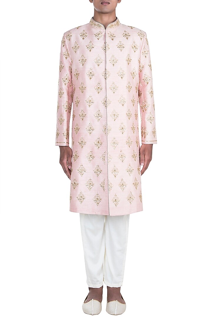 Pink Embroidered Wedding Sherwani Set by Anju Agarwal at Pernia's Pop Up Shop