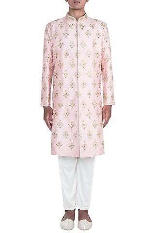 Pink Embroidered Sherwani Set by Anju Agarwal