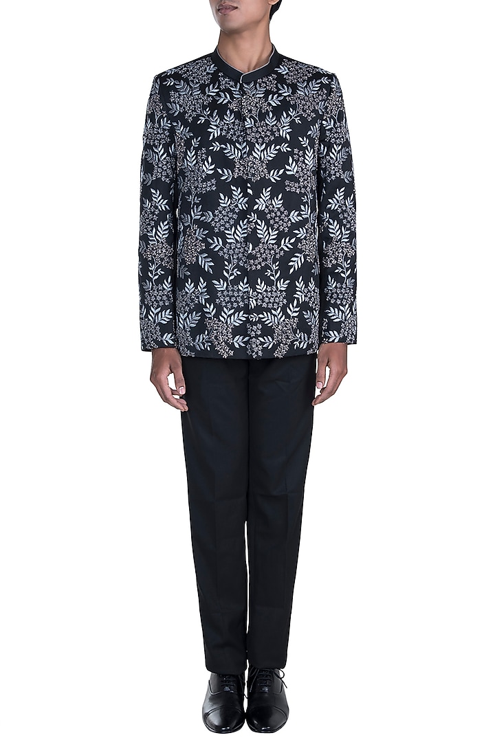 Black Embroidered Wedding Bandhgala With Pants by Anju Agarwal at Pernia's Pop Up Shop