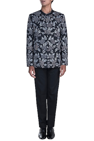 Black Embroidered Bandhgala With Pants by Anju Agarwal