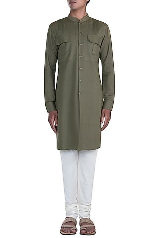 Olive Green Pintuck Kurta Set by Anju Agarwal