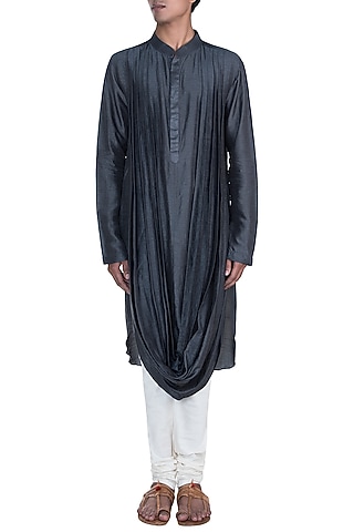 Dark Grey Double Cowl Kurta Set by Anju Agarwal