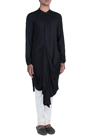 Black Draped Kurta With Churidar Pants by Anju Agarwal
