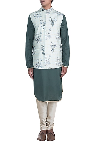 Mint Green Printed Nehru Jacket With Dark Green Kurta Set by Anju Agarwal