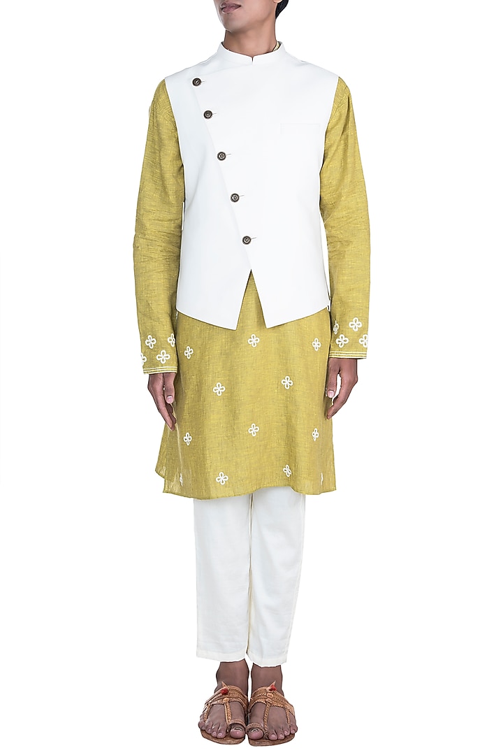 White Embroidered Jacket With Lime Green Kurta Set by Anju Agarwal at Pernia's Pop Up Shop
