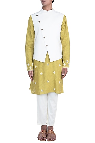 White Embroidered Jacket With Lime Green Kurta Set by Anju Agarwal