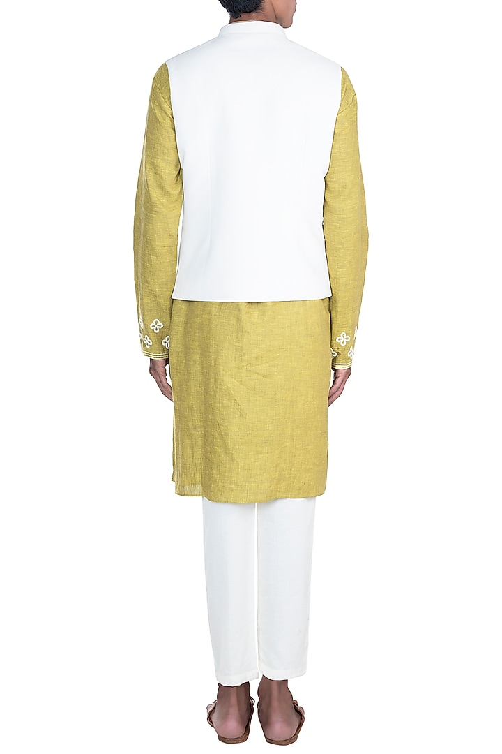 White Embroidered Jacket With Lime Green Kurta Set by Anju Agarwal at Pernia's Pop Up Shop