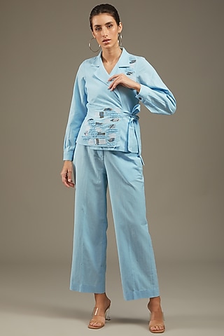 Light Blue Khadi Cotton Embroidered Blazer Set by Anuj Bhutani