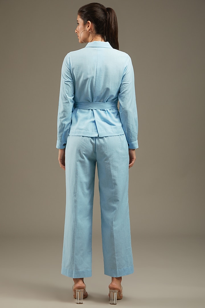 Light Blue Khadi Cotton Embroidered Blazer Set by Anuj Bhutani at Pernia's Pop Up Shop