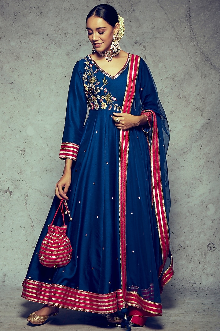 Royal Blue Embroidered Anarkali Set by Ajiesh Oberoi