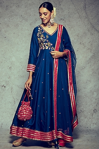 Royal Blue Embroidered Anarkali Set by Ajiesh Oberoi