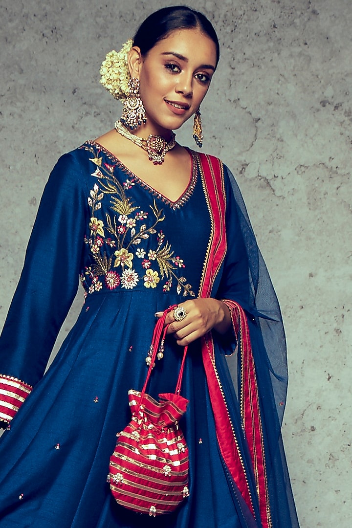 Royal Blue Embroidered Wedding Anarkali Set by Ajiesh Oberoi at Pernia's Pop Up Shop
