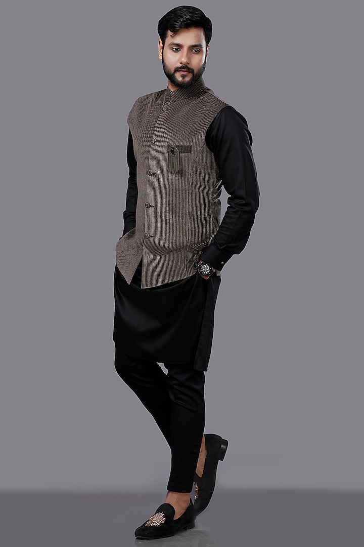 Black Suede Nehru Jacket With Kurta Set by AJAY KMR