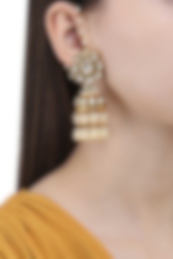 Gold Finish Polki and Pearl Jhumki Earrings by Anjali Jain Jewellery