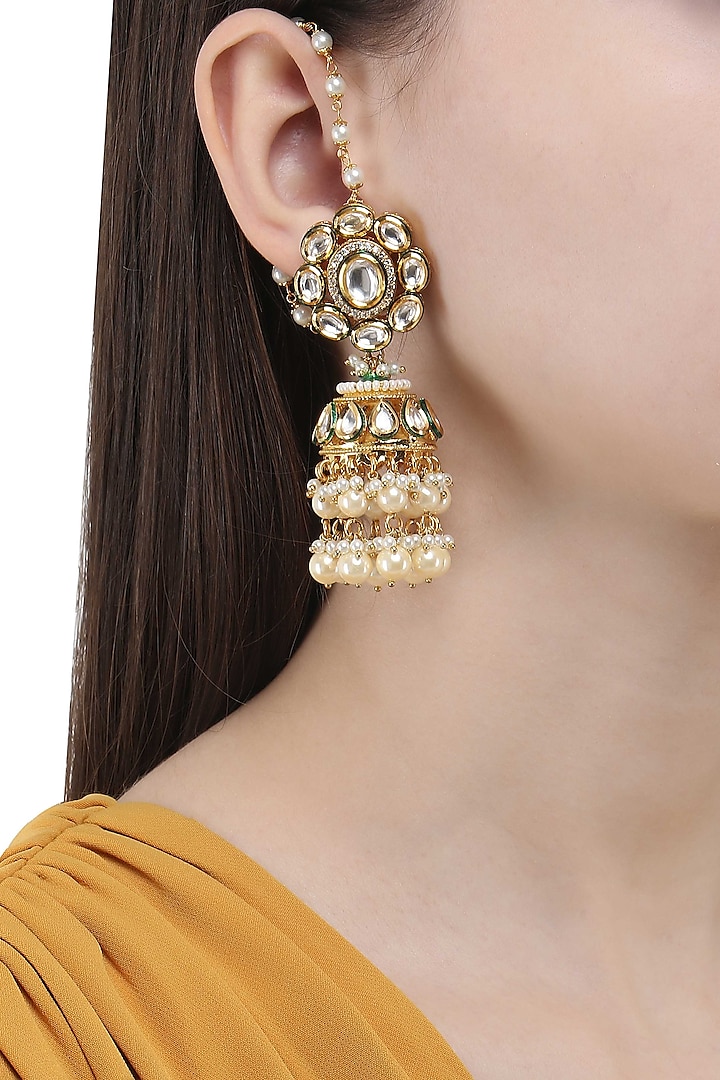 Gold Finish Polki and Pearl Jhumki Earrings by Anjali Jain Jewellery