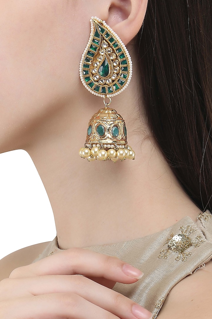 Gold Finish Polki and Emerald Green Stone Jhumki Earrings by Anjali Jain Jewellery