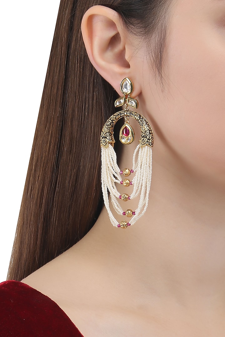 Antique Gold Finish Pearl String Earrings by Anjali Jain Jewellery
