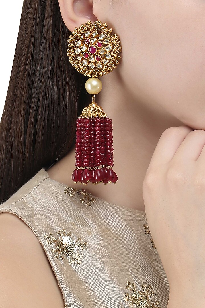Gold Finish Polki and Ruby Stone Tassel Earrings by Anjali Jain Jewellery