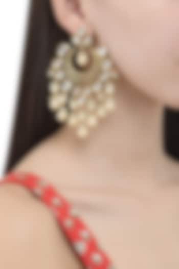 Gold Finish Polki and Pearl Chandbali Earrings by Anjali Jain Jewellery