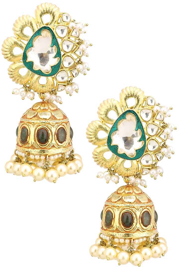Gold finish polki and enamel detailing jhumki earrings available only at Pernia's Pop Up Shop.