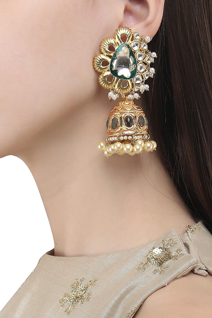 Gold Finish Polki and Enamel Detailing Jhumki Earrings by Anjali Jain Jewellery