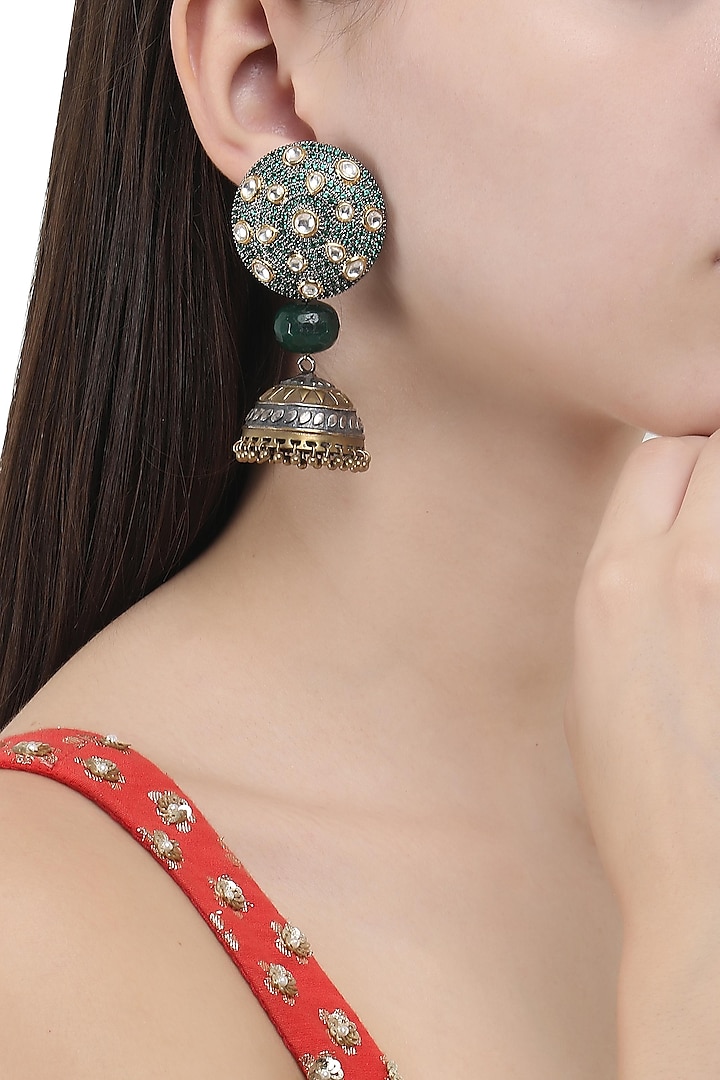 Gold and Silver Dual Finish Jhumki Earrings by Anjali Jain Jewellery