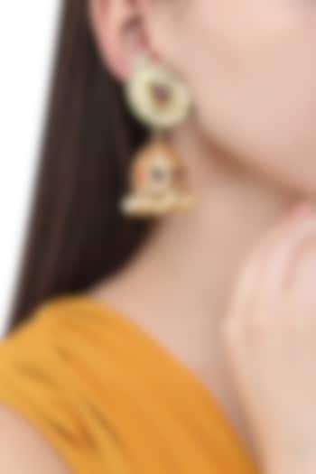 Gold Finish Polki and Ruby Stone Jhumki Earrings by Anjali Jain Jewellery